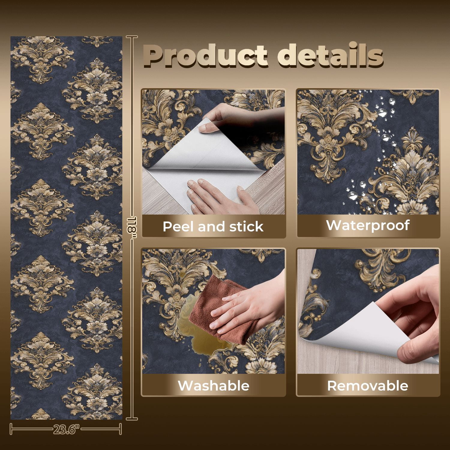 Baroque Peel and Stick Wallpaper Royal Estate Inspired Vintage Damask Gold Accents Wall Mural 23.6in x 9.8ft Self Adhesive Removable Wall Paper Renter Friendly Wallpaper for Bedroom Livingroom Men