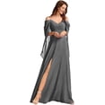 thumbnail image 1 of Vestidos de dama de honor de gasa con cuello en V y tirantes finos personalizados, vestidos formales de dama de honor fruncidos con hombros descubiertos y mangas, 1 of 5