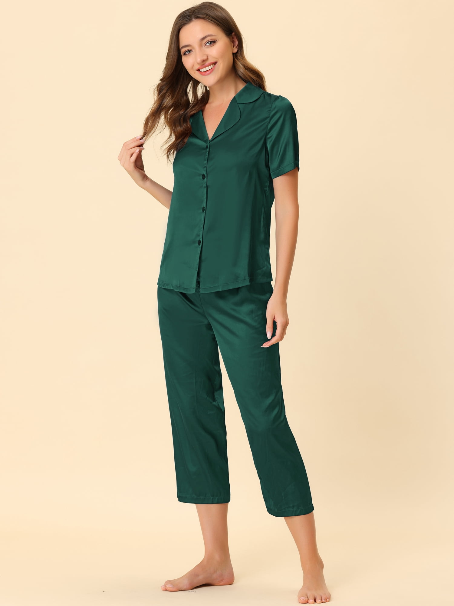 DARING DIVA Women's Satin Button Down Pajamas Sets S Bright Green