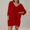 thumbnail image 2 of YFELWZ Hauts Amples pour Femmes Grande Taille Col en V Manches 3/4 T-Shirt Rouge P, 2 of 5
