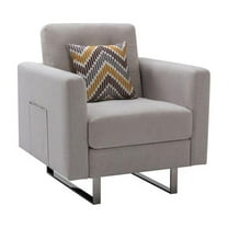 Victoria Beige Linen Fabric Armchair with Metal Legs, Side Pockets, and Pillow