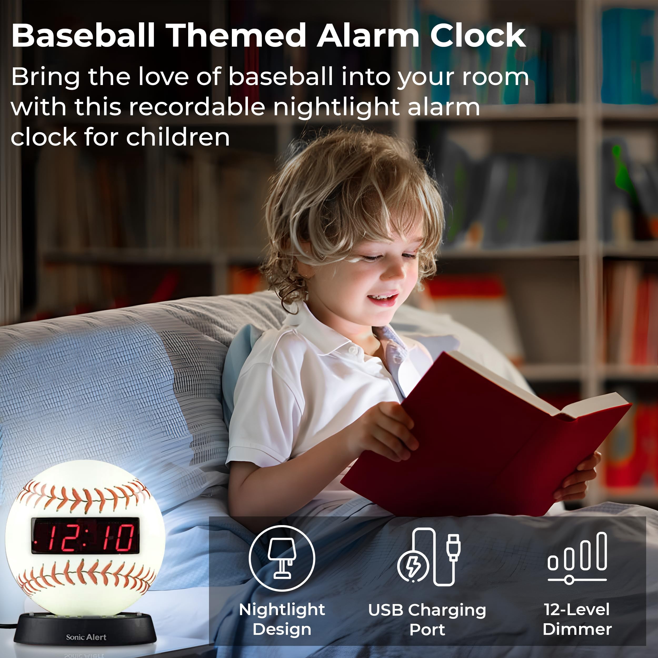 Sonic Alert - Glow Baseball Alarm Clock, Digital Display Alarm Clock for Kids - White