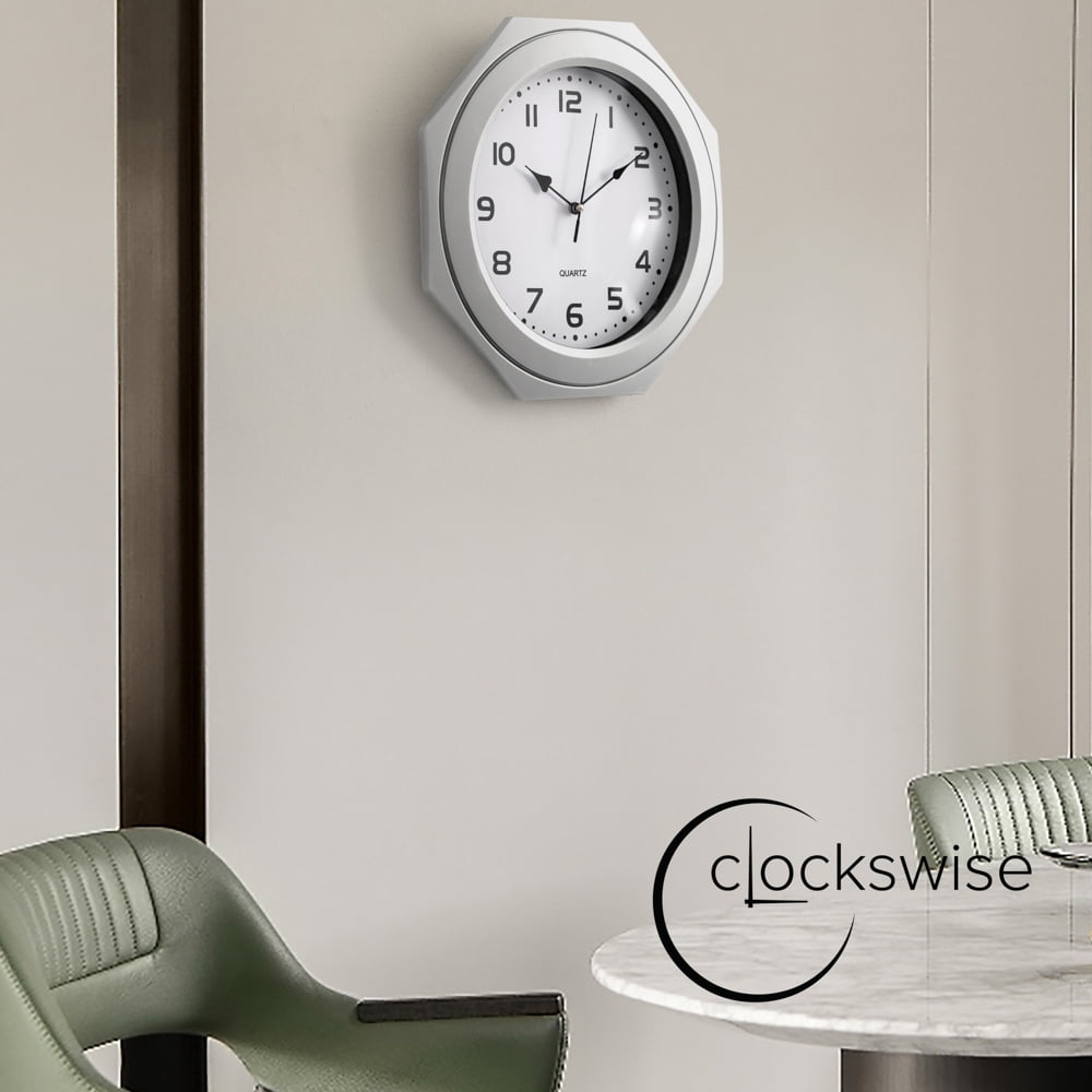 Clockswise 12-in Non-Ticking Octagon Plastic Analog Wall Clock - Elegant Decorative Accent for Home Décor in Bedroom, Bathroom, Living Room, Dining Room, Entryway, Hallway, Kitchen or Office, Silver