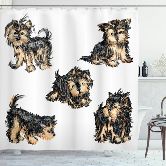 Ambesonne Yorkie Shower Curtain, Terrier Cartoon, 69"Wx84"L, Pale Coffee Black
