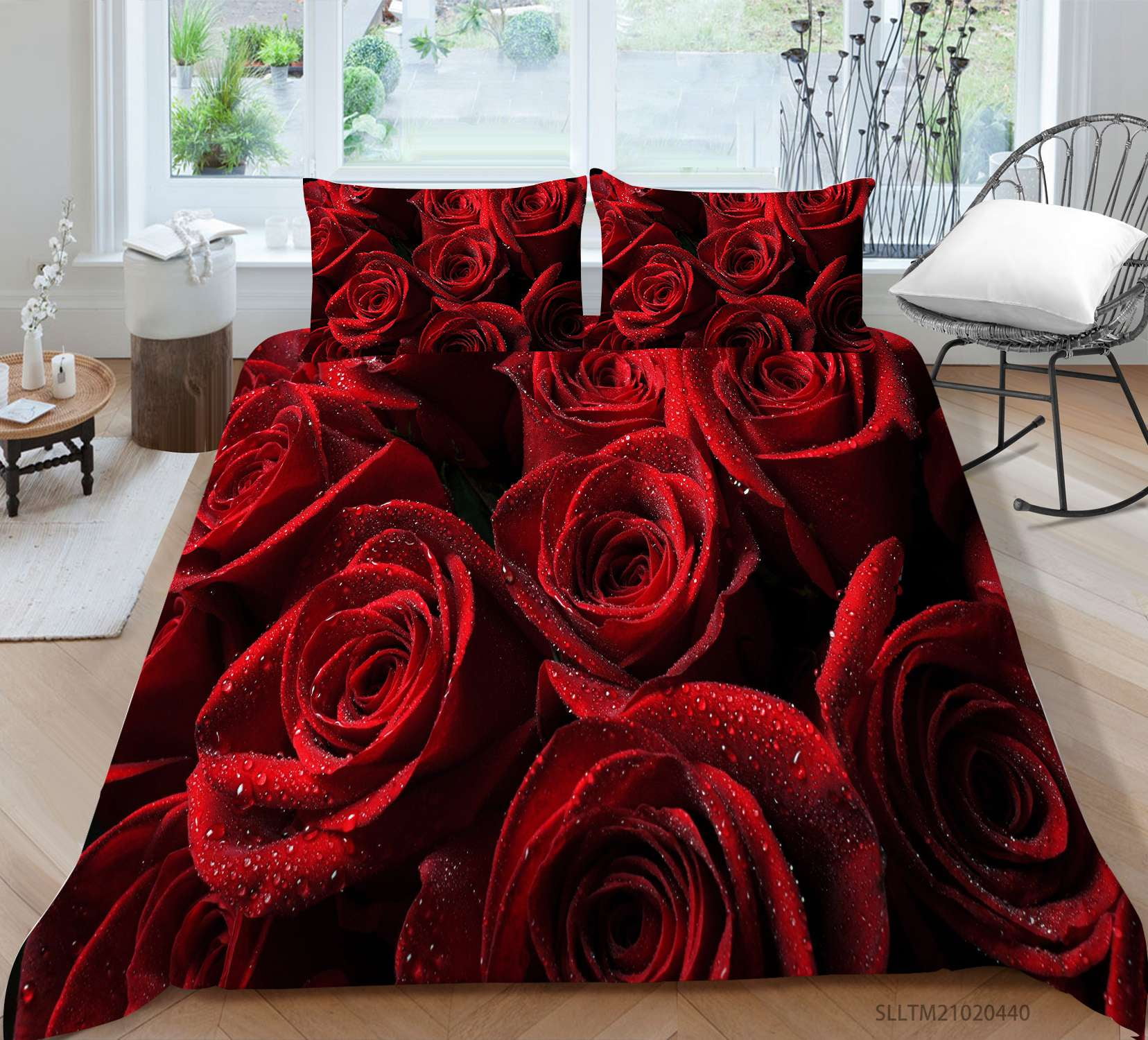 3D Rose Duvet Cover Set，Red Rose Printed Bedding Duvet Cover Soft
