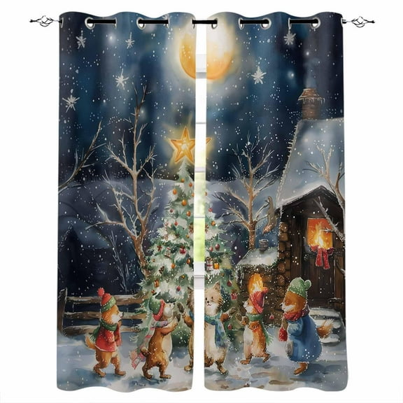 Hokiten Christmas Blackout Curtains | Light Blocking Print Window Curtains, Watercolor Blue Xmas Tree Animals Snowflake Thermal Insulated Window Drapes for Living Room Kitchen (2 Panels, 84"W x 63"L)