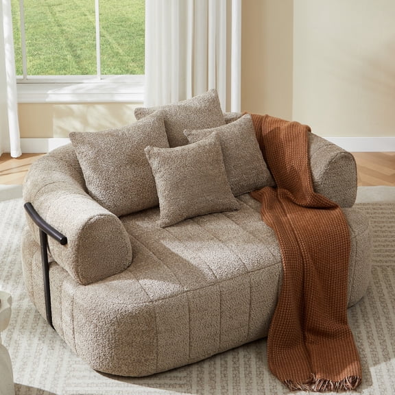 64" Oversized Boneless Chair Chaise Lounge Indoor with Metal Support, Upholstered Boucle Deep Seat Single Cloud Sofa Chair, Cozy Comfy Sofa Bed for Living Room & Bedroom (Khaki)