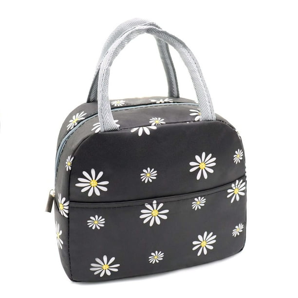 Sonuimy Bolsa de almuerzo aislada para mujeres, reutilizable linda lonchera para adultos y hombres, bolsas de almuerzo a prueba de fugas para el trabajo, oficina, viajes, picnic (negro con margarita b