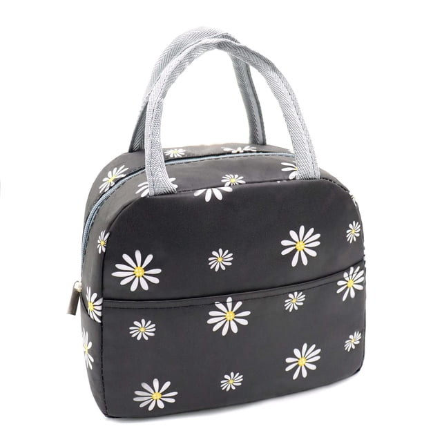 Sonuimy Bolsa de almuerzo aislada para mujeres, reutilizable linda lonchera para adultos y hombres, bolsas de almuerzo a prueba de fugas para el trabajo, oficina, viajes, picnic (negro con margarita b