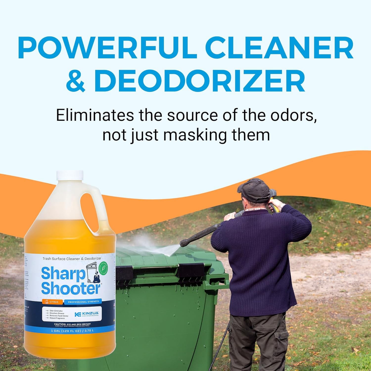 Kinzua Environmental Sharpshooter Heavy-Duty Trash Can Degreaser, Citrus Scent, 1 Gal - Odor Eliminator for Kitchens & Garbage Cans