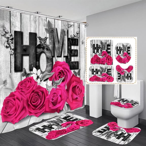 Pink Rose Valentines 4 Pcs Shower Curtain Sets Non-Slip Rugs Bath Mat Toilet Cover U Shaped Mat Romantic Pink Bathroom Decor with 12 Hooks Valentines Day Bathroom Set