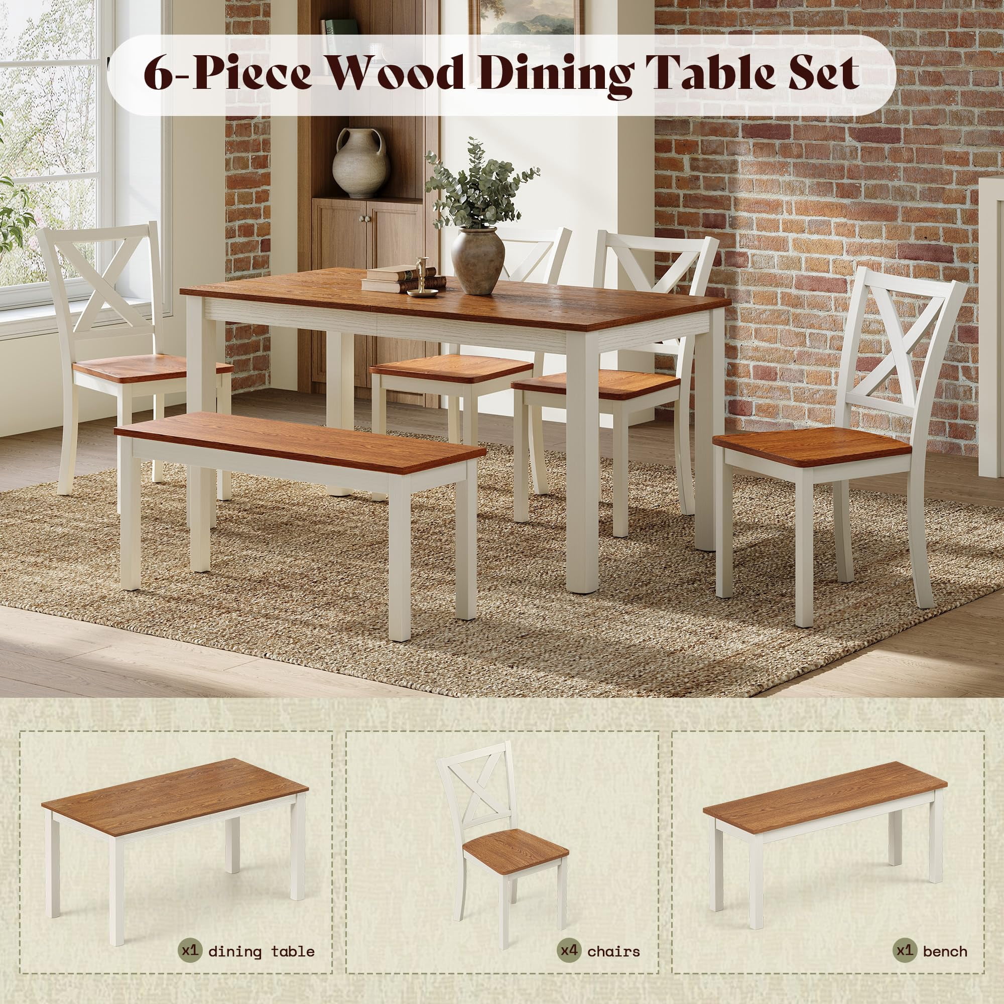 Merluxy 6-Piece Farmhouse Dining Table Set, 59" Wooden Table with 4 Chairs & Bench, Kitchen & Dining Room Set for 6, Walnut & White