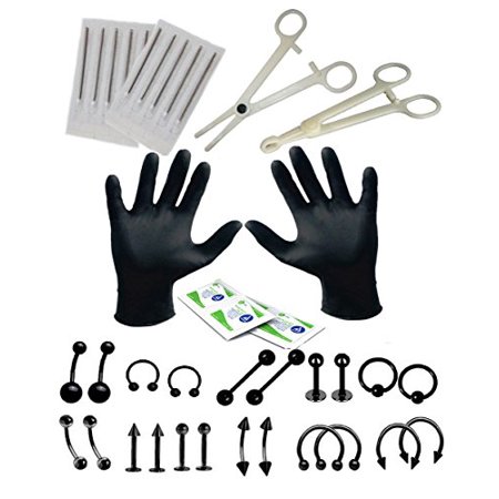 - BodyJ4You® Body Piercing Kit Needles 16G 14G Black Tongue Tragus Ear Eyebrow Nipple Eyebrow 35 Pieces