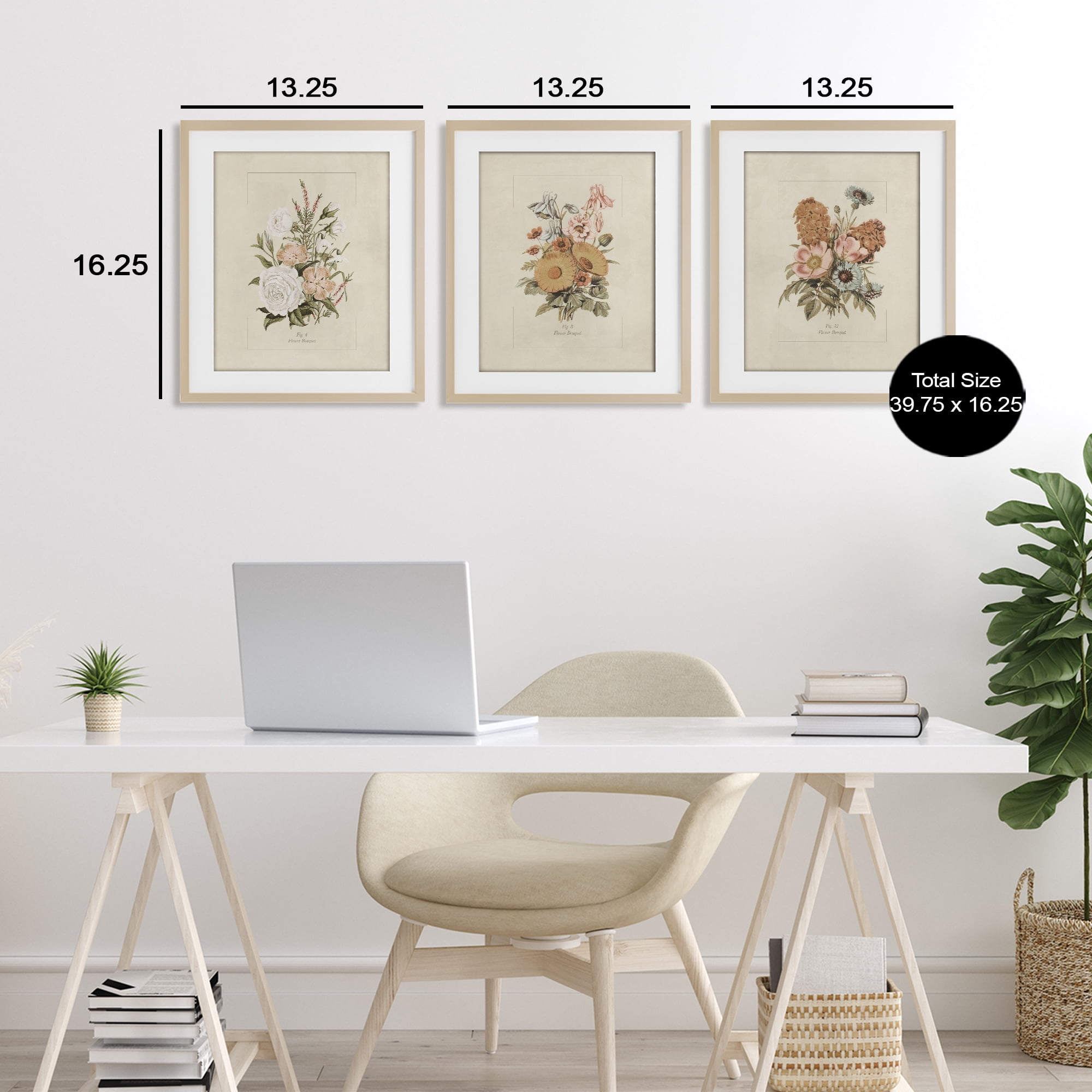 Stupell Industries Neutral Bouquet Studies 3 Piece Birch Framed Print Under Glass Set, design by Dan Meneely
