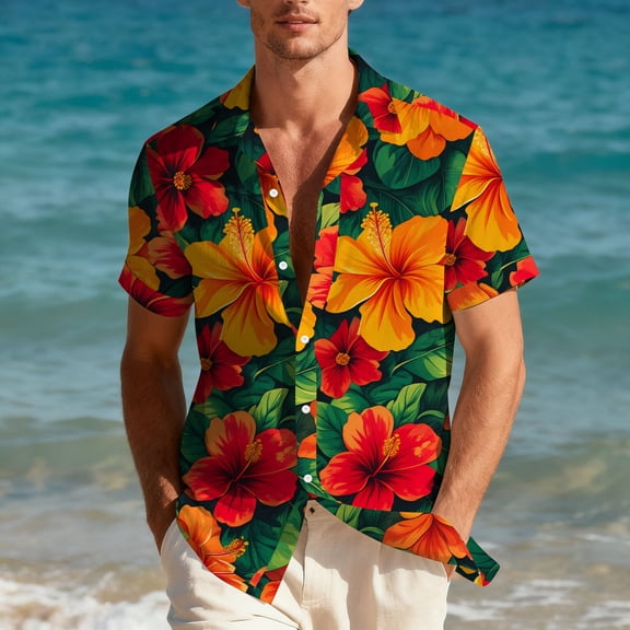 Timoontee Hawaiian Shirt For Men Unisex Summer Beach Casual Short Sleeve Button Down Shirts Printed Clothing Multicolor L