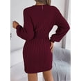 thumbnail image 4 of Women's Pullover Sweater Dress Solid Hollow Neck Long Lantern Sleeve Dresses Crew Neck Cute Cable Knit Bodycon Mini Short Dresses, 4 of 5