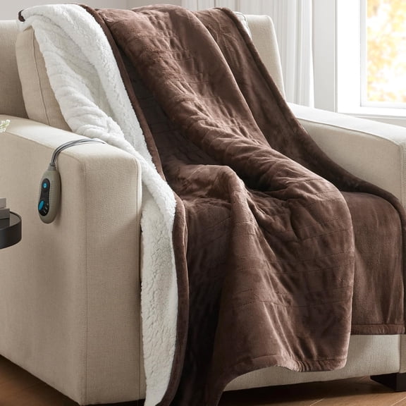 Heated Throw Blanket, Electric Throw, Soft, Warm, Reversible Plush - Sherpa, 3 Heat Settings, 2 hr Auto Shut Off, Machine Washable, 50 x 60 Brown