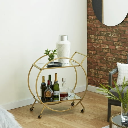 DecMode Contemporary, Modern, Glamorous, Round Iron Gold Frame Bar Cart with Mirror Shelving and Horizontal Handle, 27"W x 15"L x 30"H, Matte Finish