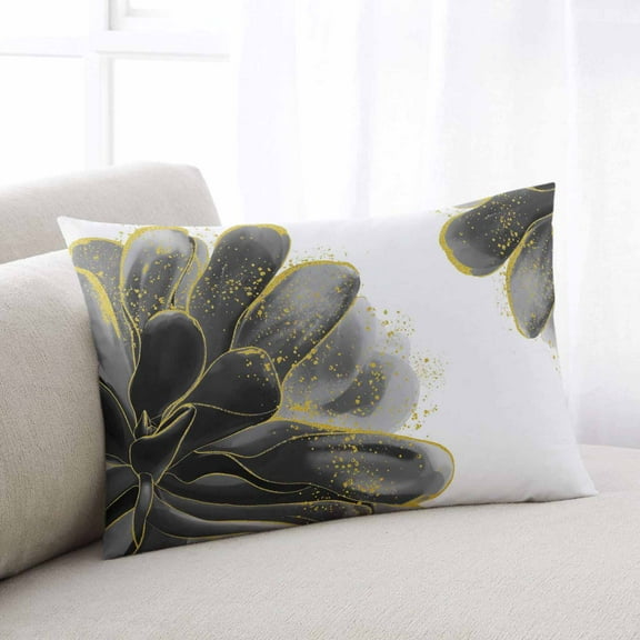 Black Grey King Size Pillow Cover, Pillowcase Protectors with Zipper, Breathable Decorative Throw Pillow Case Cover, Vintage Gold Ink Floral Chinese Painting Pillow Shams for Couch Sofa 20x36Inch
