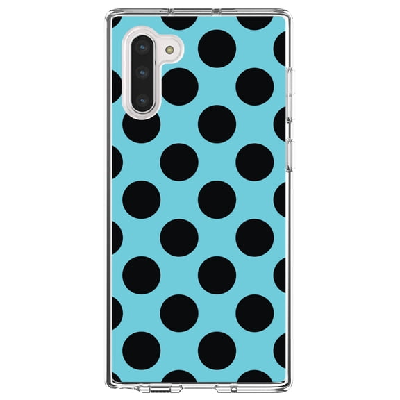 DistinctInk Clear Shockproof Hybrid Case for Samsung Galaxy Note 10 (6.3" Screen) - TPU Bumper, Acrylic Back, Tempered Glass Screen Protector - Black & Blue Polka Dots