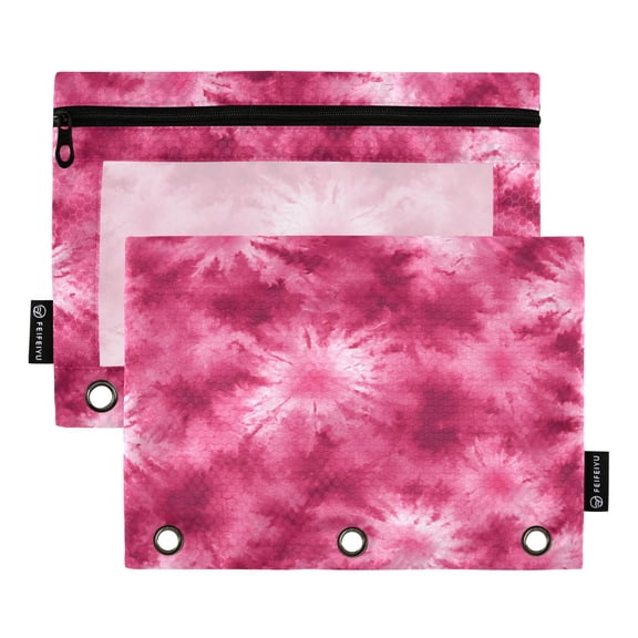 2 Pack 3 Ring Binder Pouch with Clear PVC Window Water Resistant Zipper Pencil Pouch Rose Red Tie-dye Pattern Binder Pocket for Classroom Office Home Stationery Organization