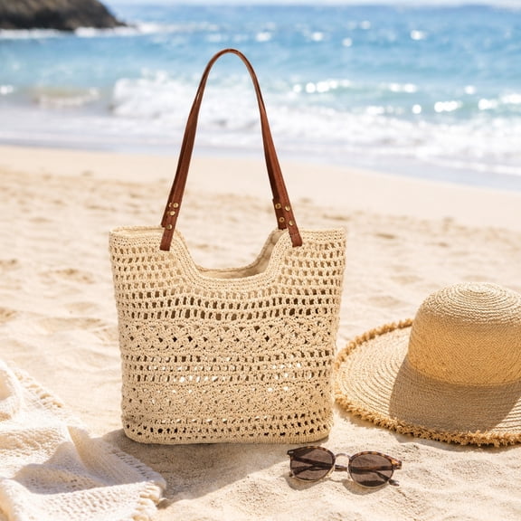 Mesh Shoulder Tote Bag, Large Capacity Lightweight Handmade, Polyester Water Repellent Beach Tote for Women