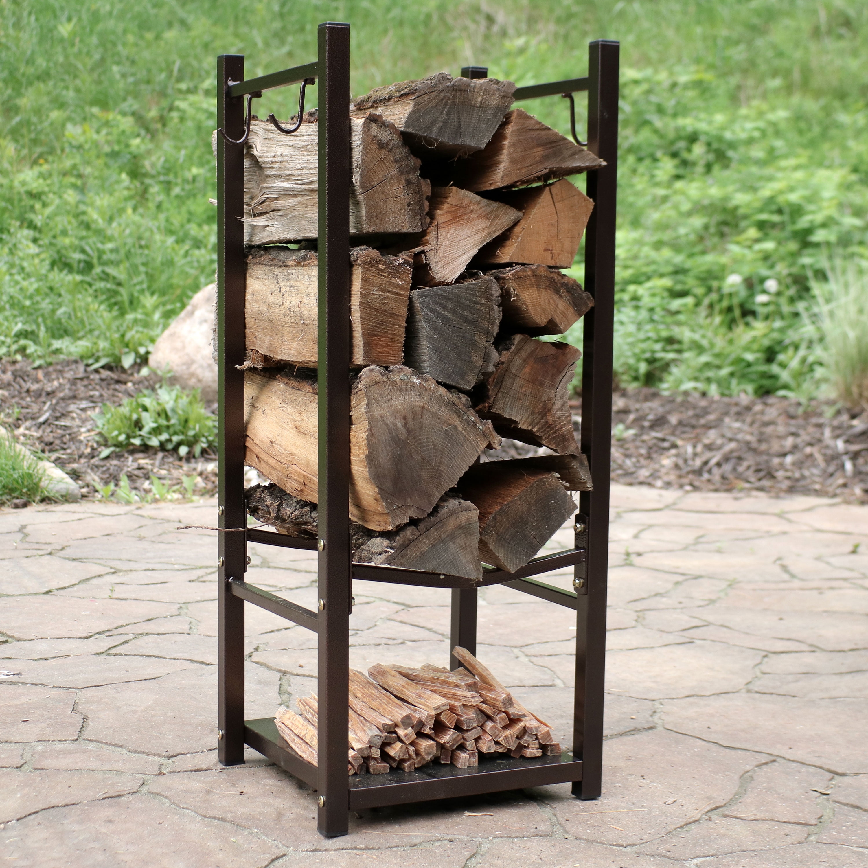 Sunnydaze Log Rack with Tool Holders Steel with Bronze Finish Firewood