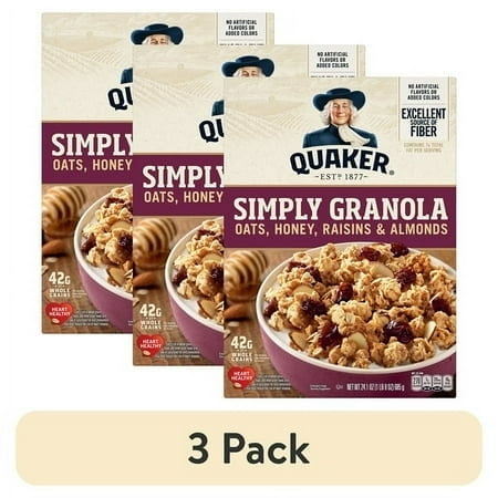 (3 pack) Quaker Simply Granola Breakfast Cereal, Oats Honey Raisins & Almonds, 24.1 oz Box