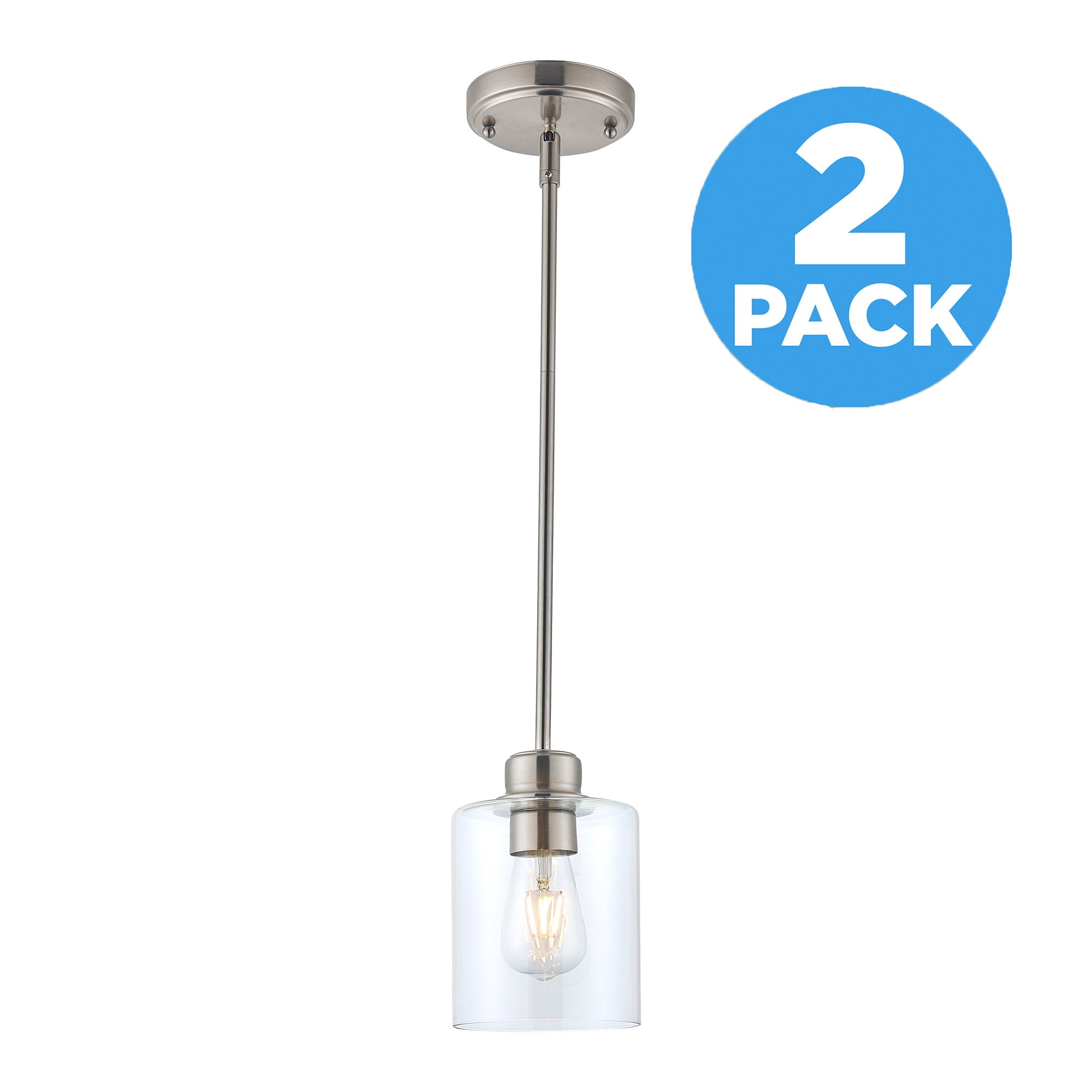 Satin Nickel Haddie 1-Light Dimmable Mini Pendant with Clear Glass Shade, Sloped Ceiling Compatible, 2-Pack