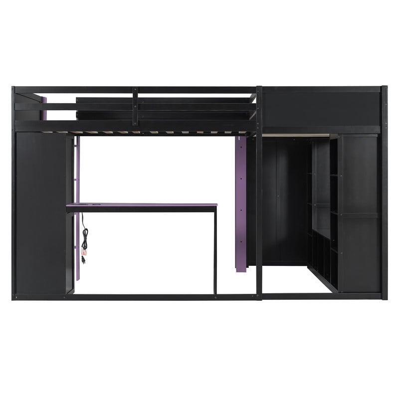 Twin Size L-Shaped Gaming Loft Bed with RGB LED Lights, Dual Twin Beds, USB Charging Ports & TV Stand, Wood Loft Bedframe Playhouse Bed with Storage Shelves & Reversible Layout