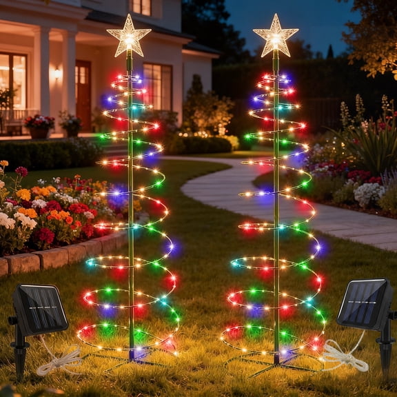 Rirool Solar Christmas Tree Lights Outdoor 2 Pack, Multicolor LED Spiral Pathway Lights Waterproof Auto On/Off Holiday Garden Decor for Yard Lawn Walkway