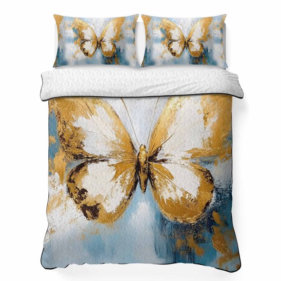 Butterfly 3 Piece Quilt Bedding Set with 2 Pillow Shams, Abstract Oil Painting Lightweight Bedspread Coverlet, Soft Breathable All Season Quilt, 68 x 86 Inch