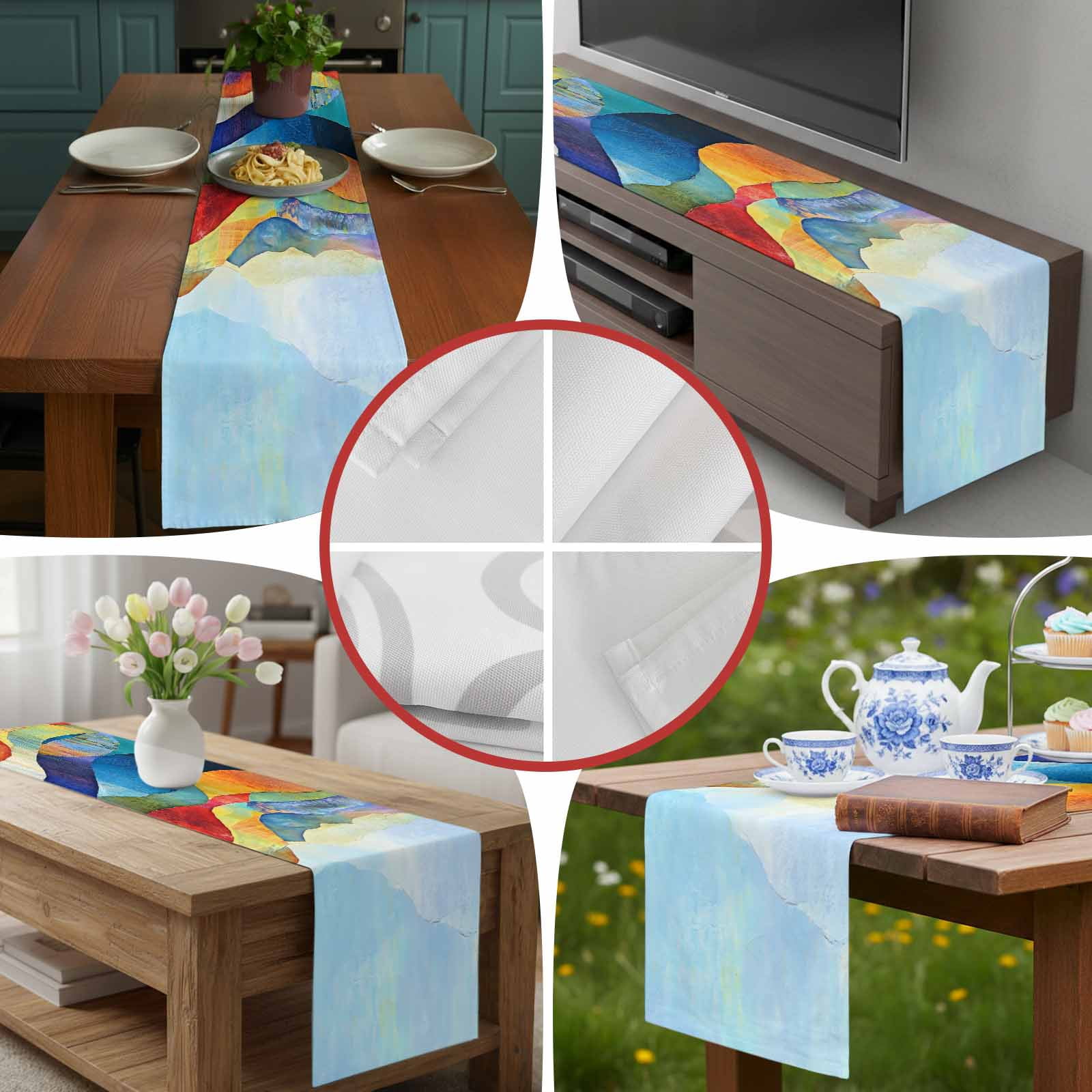 Coloful Mountain Watercolor Oil Painting Art Table Runner 90 Inches Long, Abstract Geometric Modern Table Runners Tabletop Scarf Kitchen Dining Tables Decoration for Home Party Indoor Outdoor