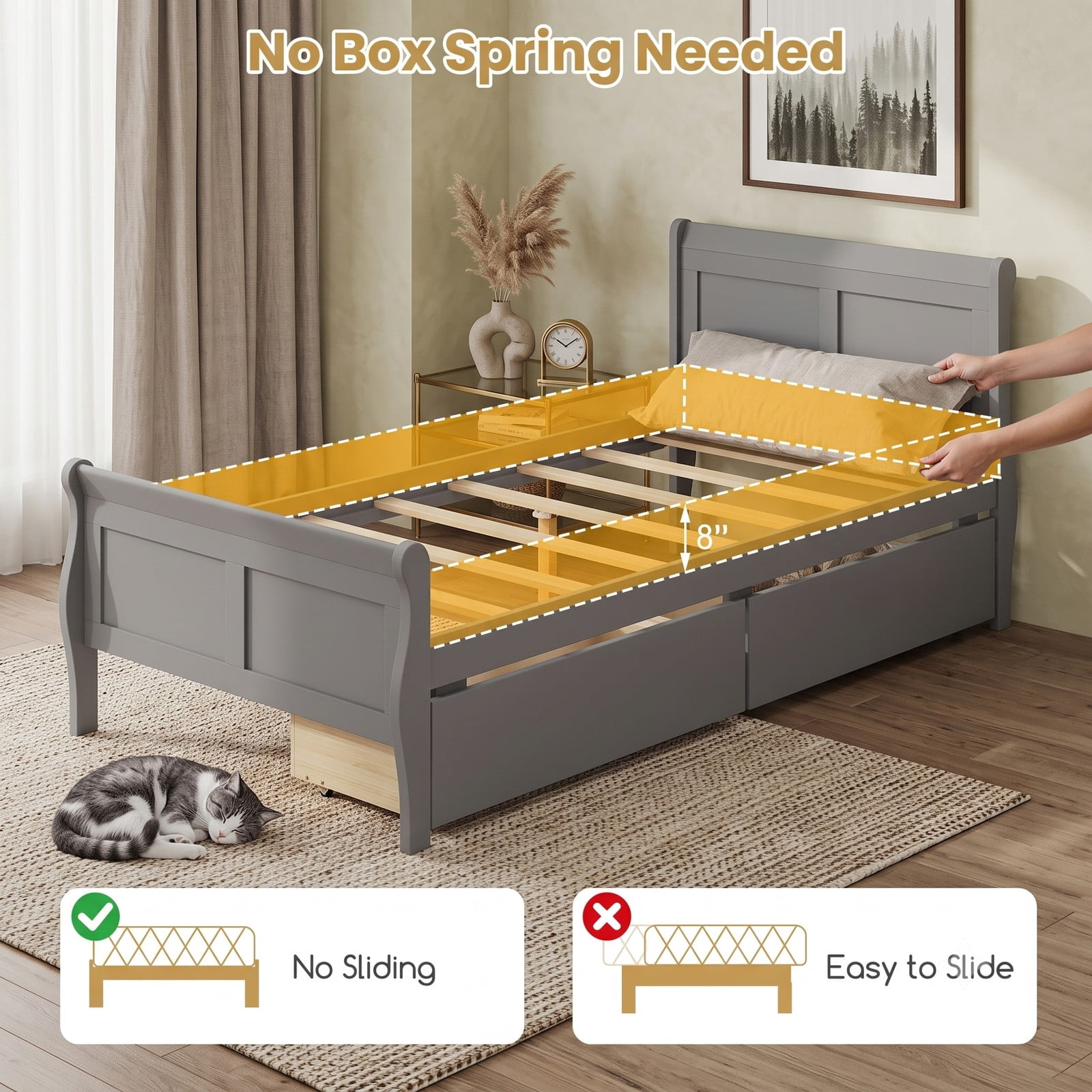 Furnibear Twin Bed Frame with Storage, Wood Sleigh Bed with 2 Storage Drawers and Curved Headboard, Space Saving, Gray