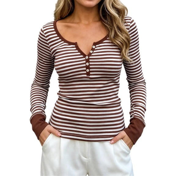 Enjoytime Fitted Shirts for Women Striped Button Long Sleeve Tops 2026 Fall Soft Slim Fit Business Casual Basic Tee