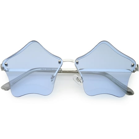 Star Shaped Rimless Sunglasses Metal Frame Color Tinted Lens 55mm (Silver / Blue)
