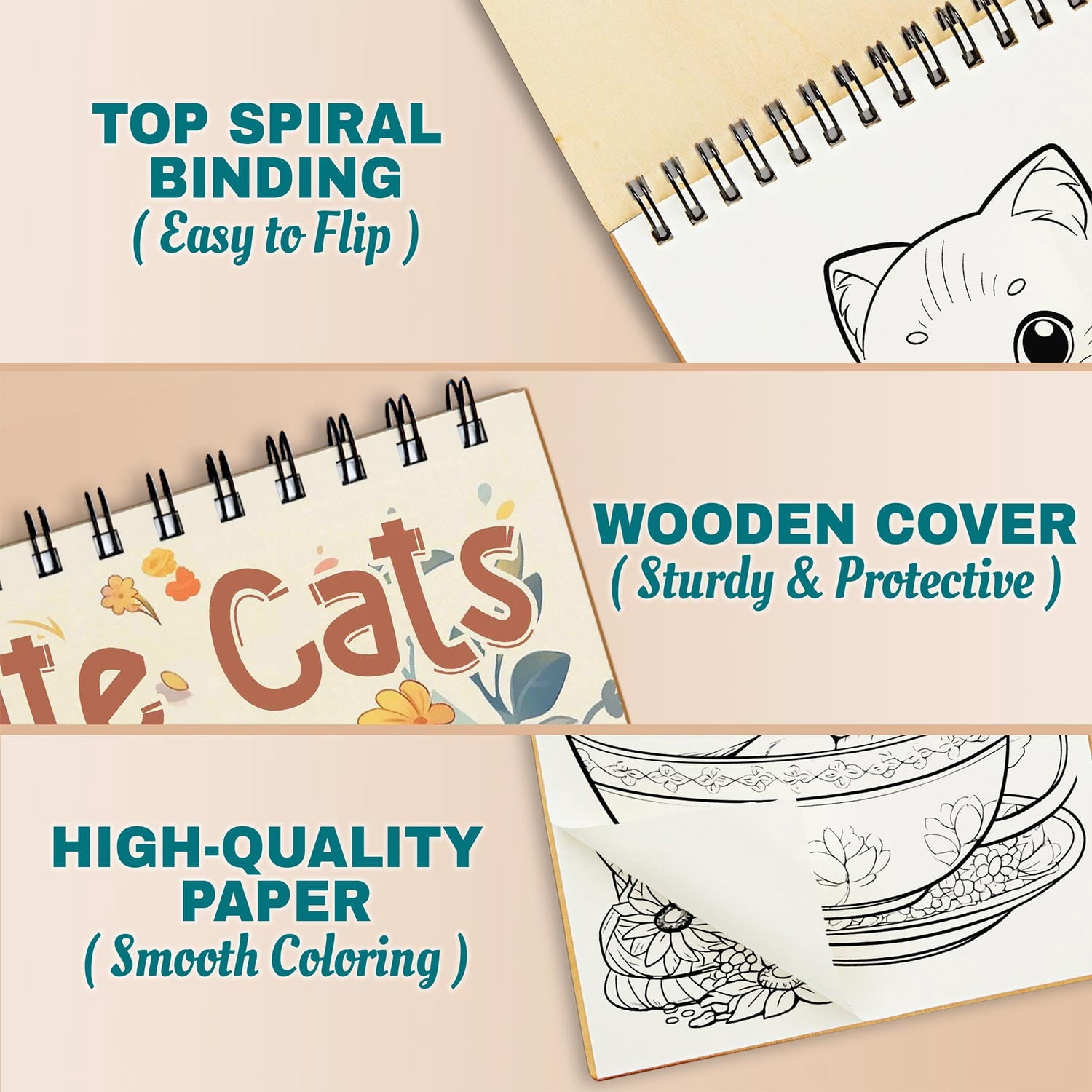 Netecom Cute Cats Spiral Bound Coloring Book for Adults, A5 Wooden Cover, 30 Adorable Coloring Pages of Playful Kittens for Stress Relief and Relaxation