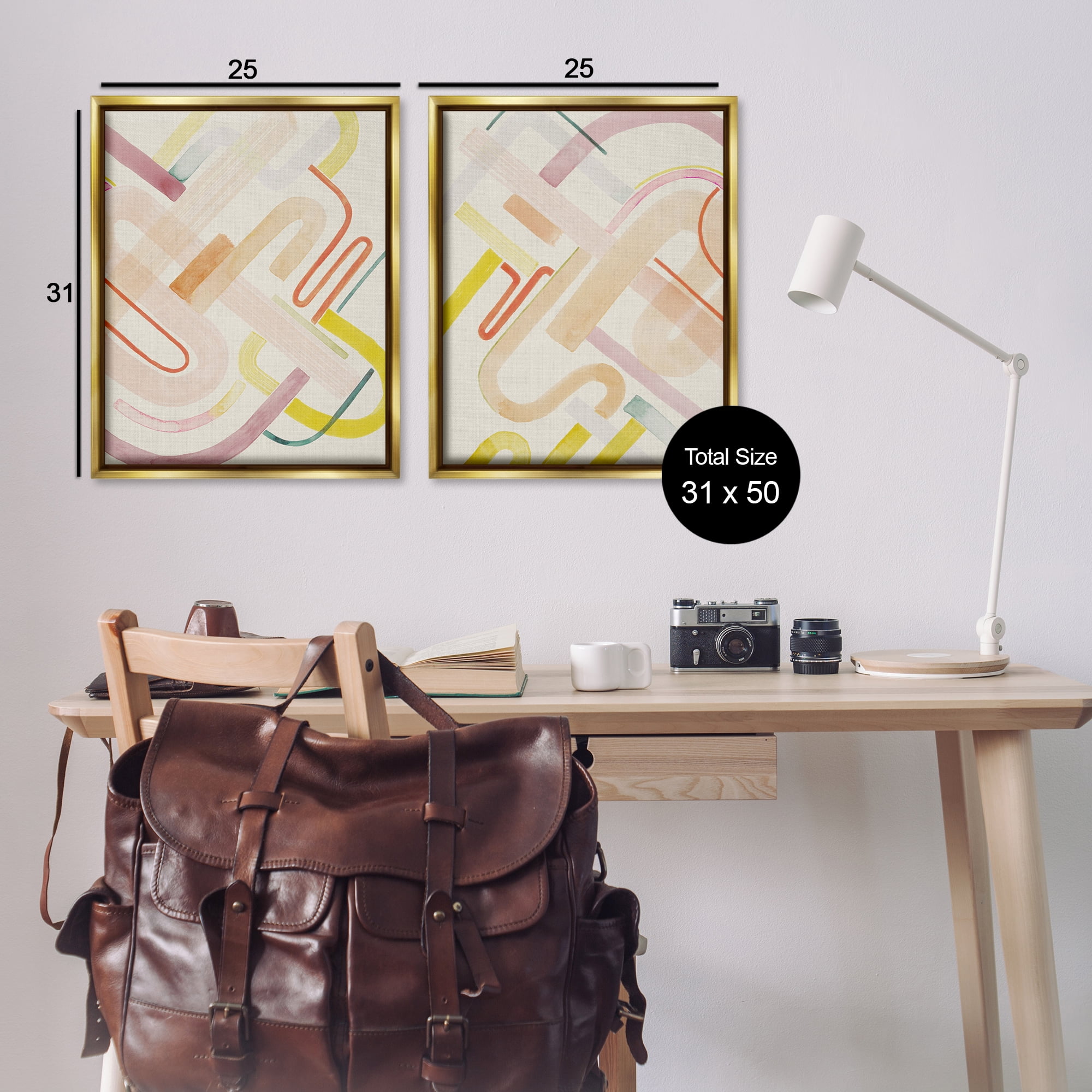 Stupell Industries Retro Neutral Patterns Abstract Painting Gold Floater Framed Canvas Art Print Wall Art, 31 x 25, Set of 2