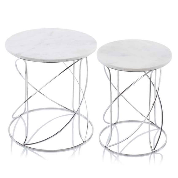Giro White Marble Set of 2 Nesting Table, silver