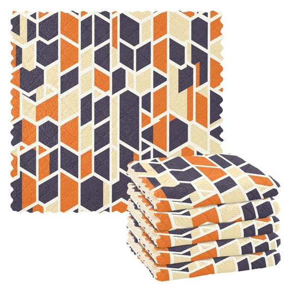 Geometric Patterns in Navy Blue and Orange Kitchen Cloth Dish Towels for Drying Washing Absorbent Dish Rags 6 Pack