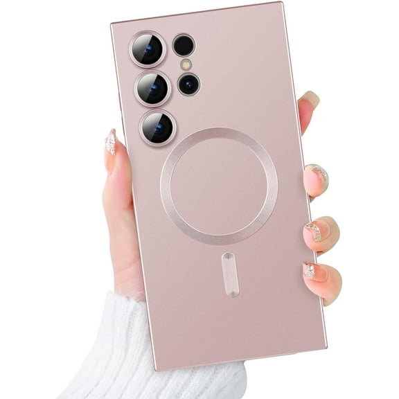 for Samsung Galaxy S23 Ultra 5G Magnetic Case, Luxury Metallic Paint Case with Full Camera Lens Protector for Women Girls Men Soft TPU Bumper Shockproof Case for Samsung Galaxy S23 Ultra-Pink