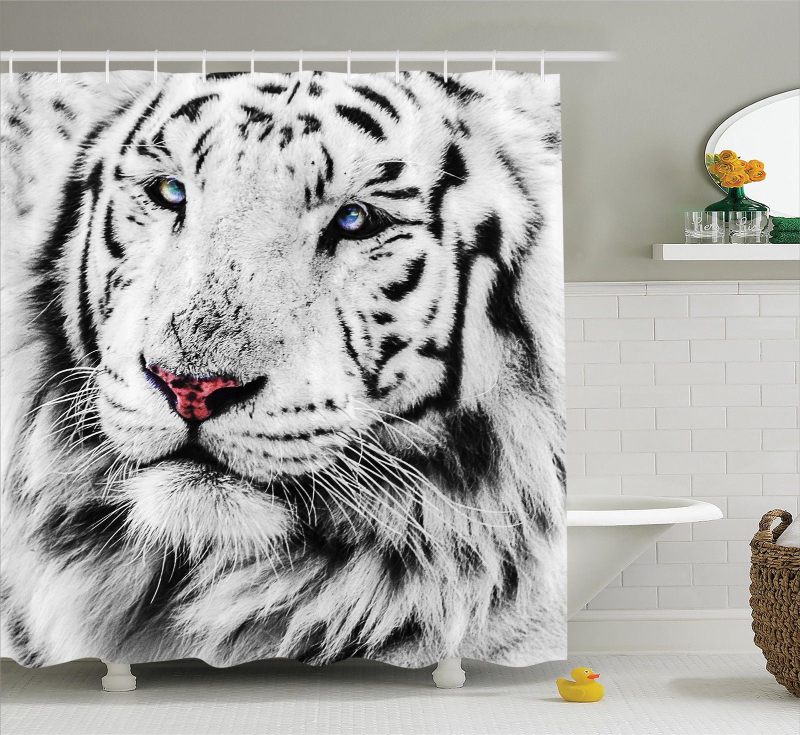 Tiger Realistic Portrait Shower Curtain Liner Waterproof Fabric Bathroom Hooks 