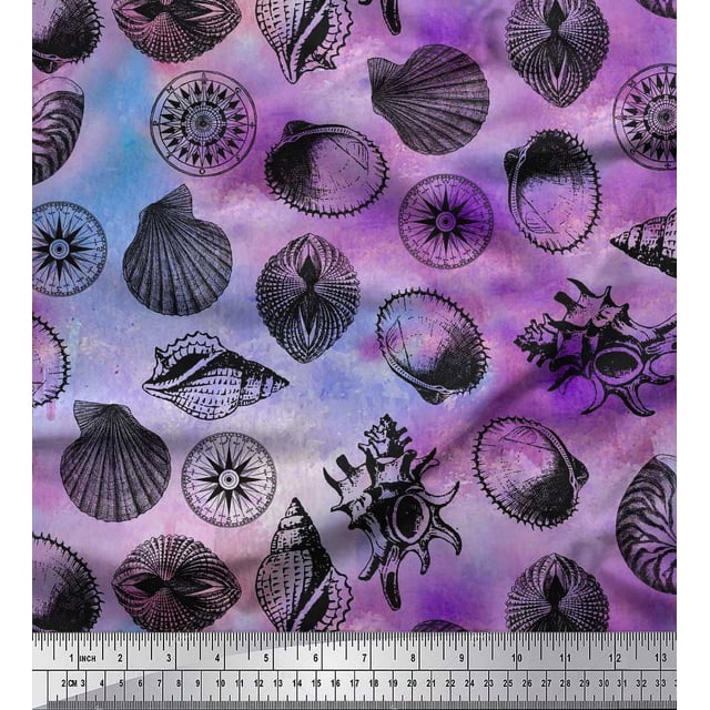 Soimoi Japan Crepe Satin Fabric Direction Compass & Seashell Ocean Print Fabric by The Yard 42 Inch Wide