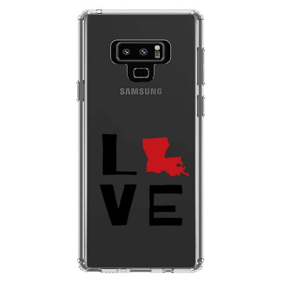 DistinctInk Clear Shockproof Hybrid Case for Samsung Galaxy Note 9 - TPU Bumper Acrylic Back Tempered Glass Screen Protector - Louisiana - Love Black & Red