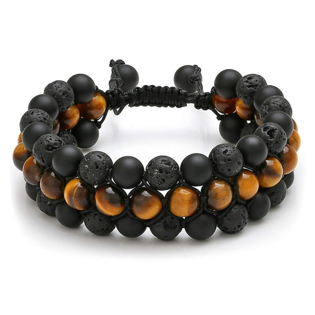 Tres capas de piedra de ojo de tigre, sección de color pedernal, tres filas de pulsera tejida con piedra de ojo de tigre azul (ojo de tigre amarillo + piedra volcánica + negro mate) brillar Electrónica
