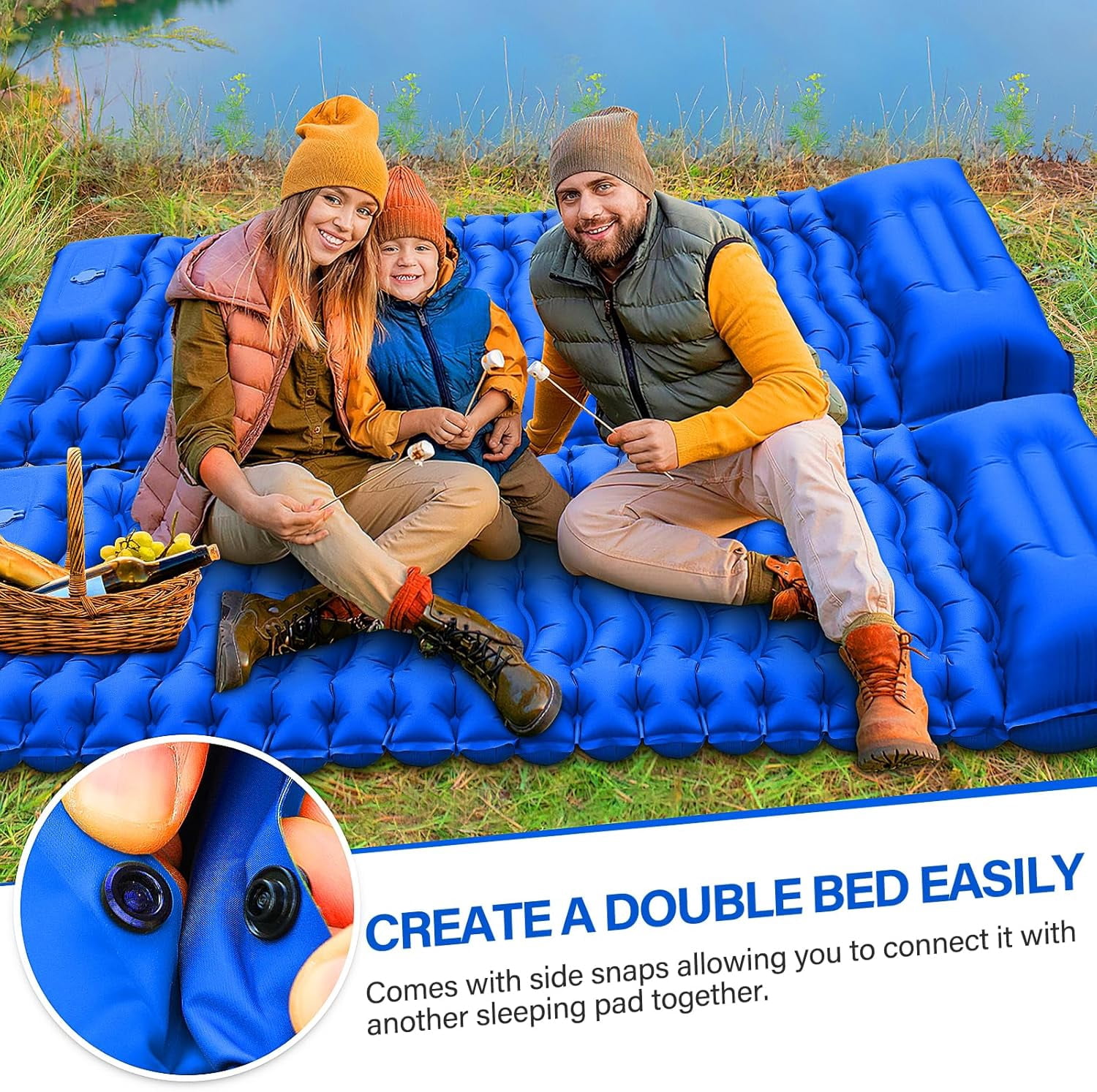 Double Sleeping Pad for Camping- Self Inflating 4" Extra-Thick with Pillow Built-in Foot Pump Inflatable Sleeping Mat for Backpacking, Hiking, Traveling, Tent, Portable Camping Mat