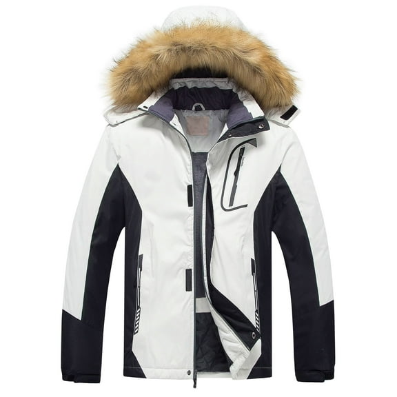 Chrisuno Men Ski Jacket Snow Gear Fleece Liner Warm Parka Coat Black White 2XL