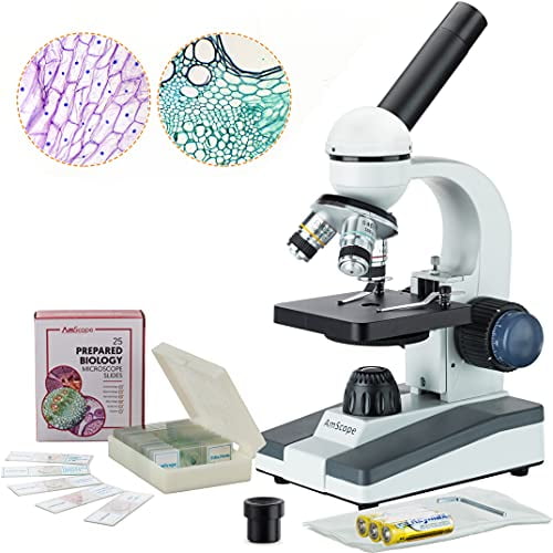 AmScope M150C-PS25 Compound Monocular Microscope, WF10x and WF25x Eyepieces, 40x-1000x Magnification, LED Illumination, Brightfield, Single-Lens Condenser, Coaxial Coarse and Fine Focus, Pla
