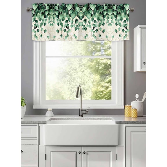 Watercolor Green Leaves Color Block Valances for Windows,Kitchen Valance Rod Pocket Short Curtain,Spring Botanical Valance Curtain Window Valances for Bedroom Living Room 42x12in
