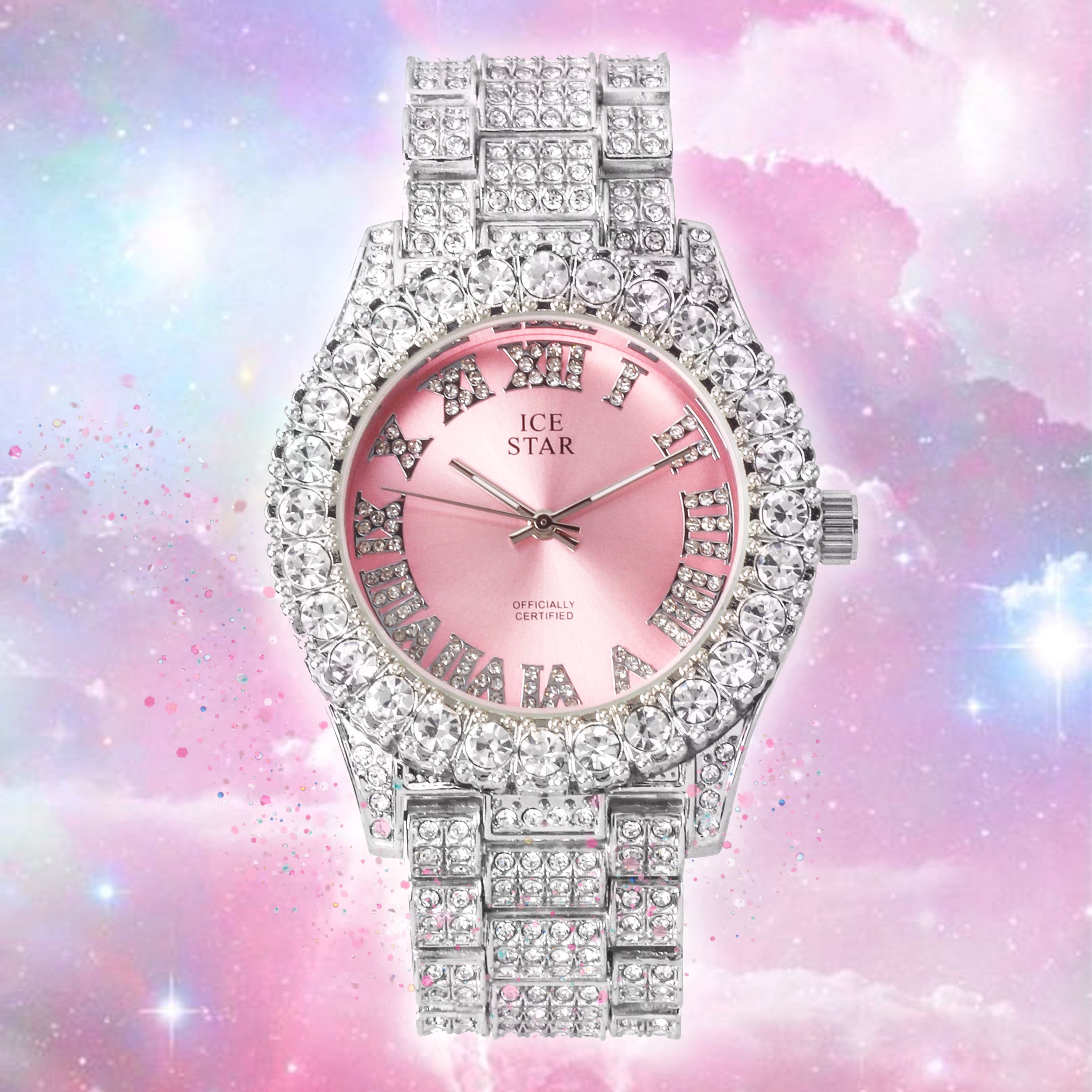 Women's 44mm Solitaire Bezel Watch - Bling-ed Out Adjustable Band - Silver Tone Finish with Ravishing Crystals - Simulated Diamond Watch with Roman Dial